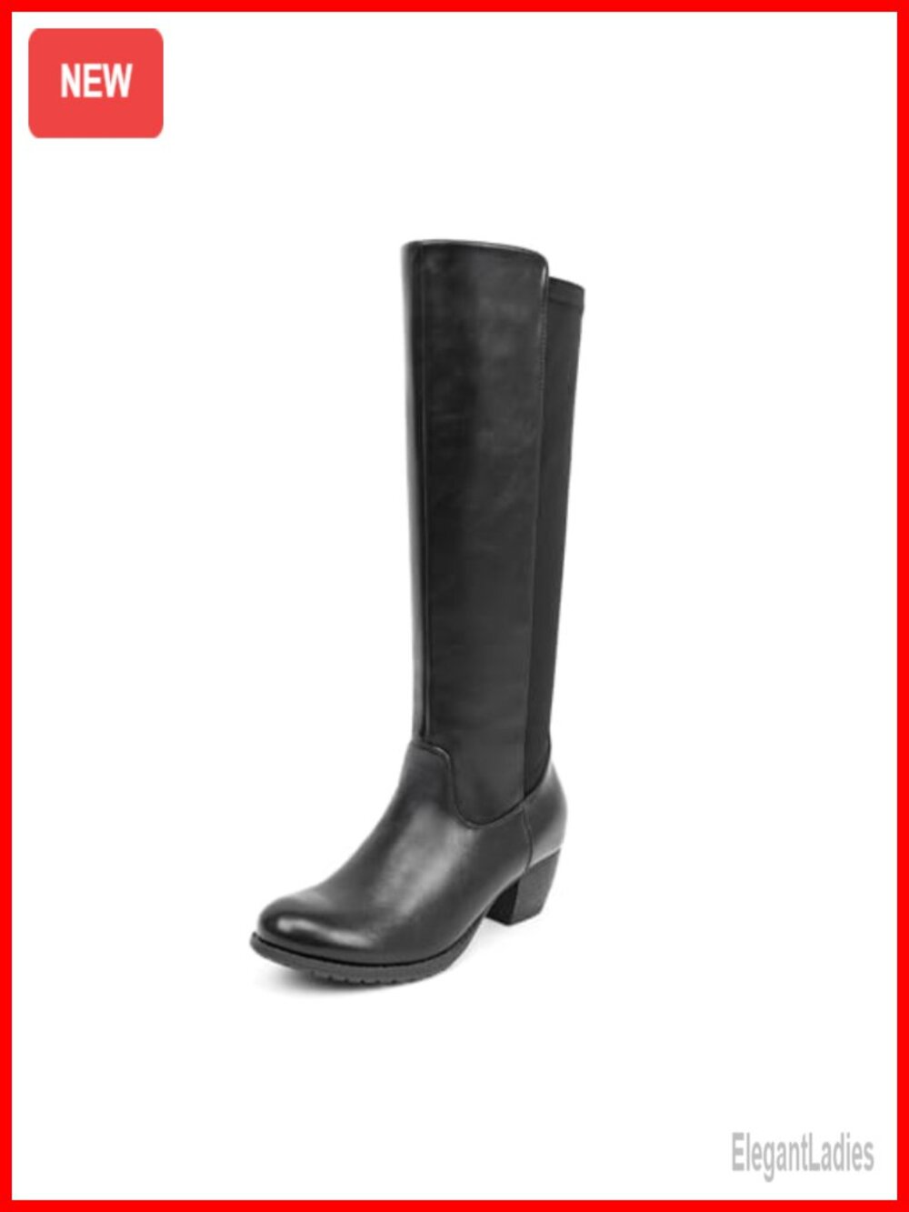 Knee High Boots Round Toe Low Heel Stretchy Faux Leather Wide Calf Tall Riding